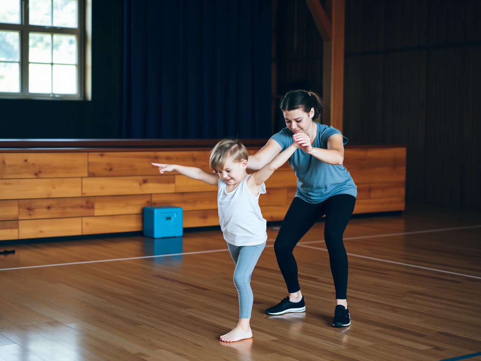 A coach guiding a young athlete through a balance exercise