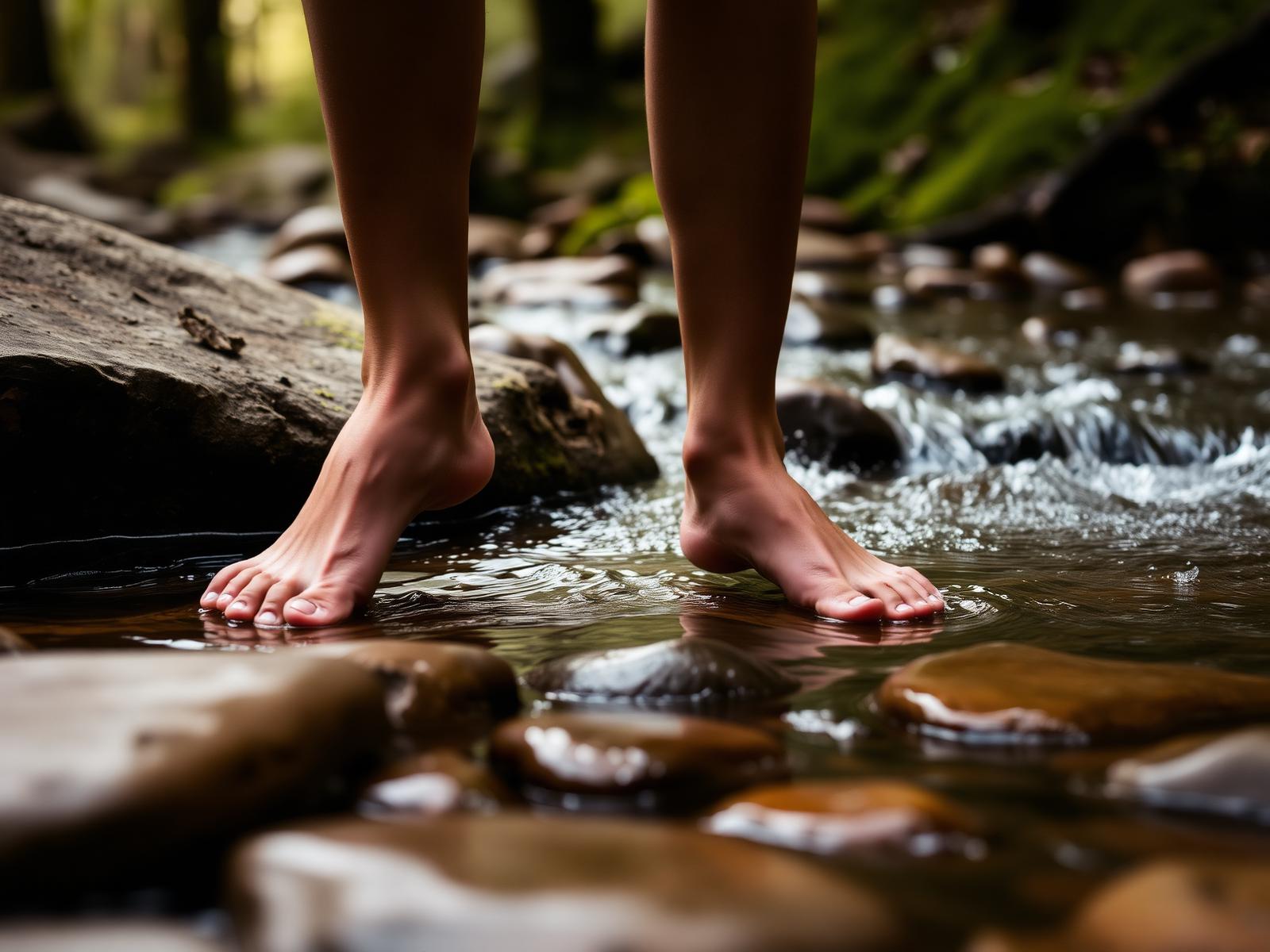 Bare feet standing on smooth stones in a forest stream