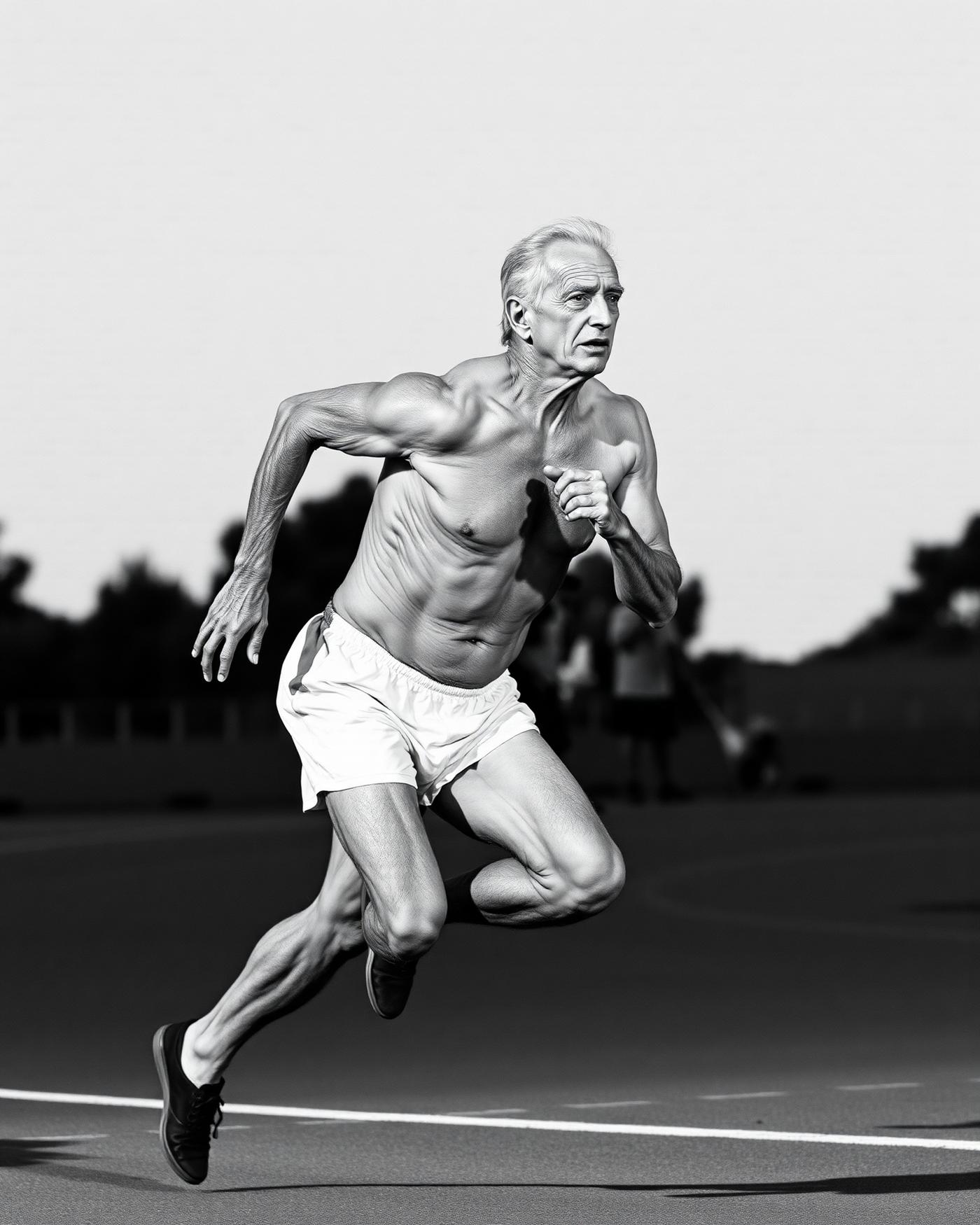 A senior athlete mid-stride on a track